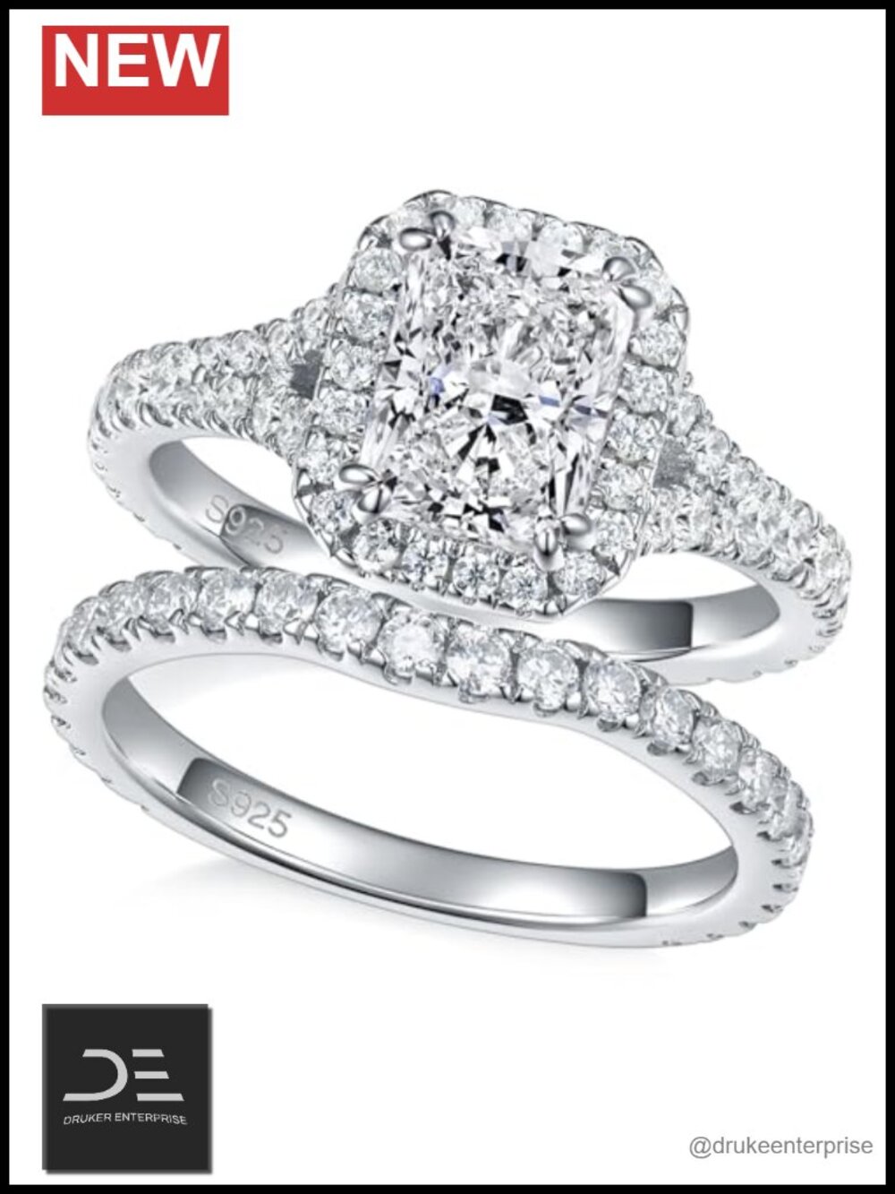 925 Sterling Silver Split Shank Cubic Zirconia Wedding Ring Set Size 8